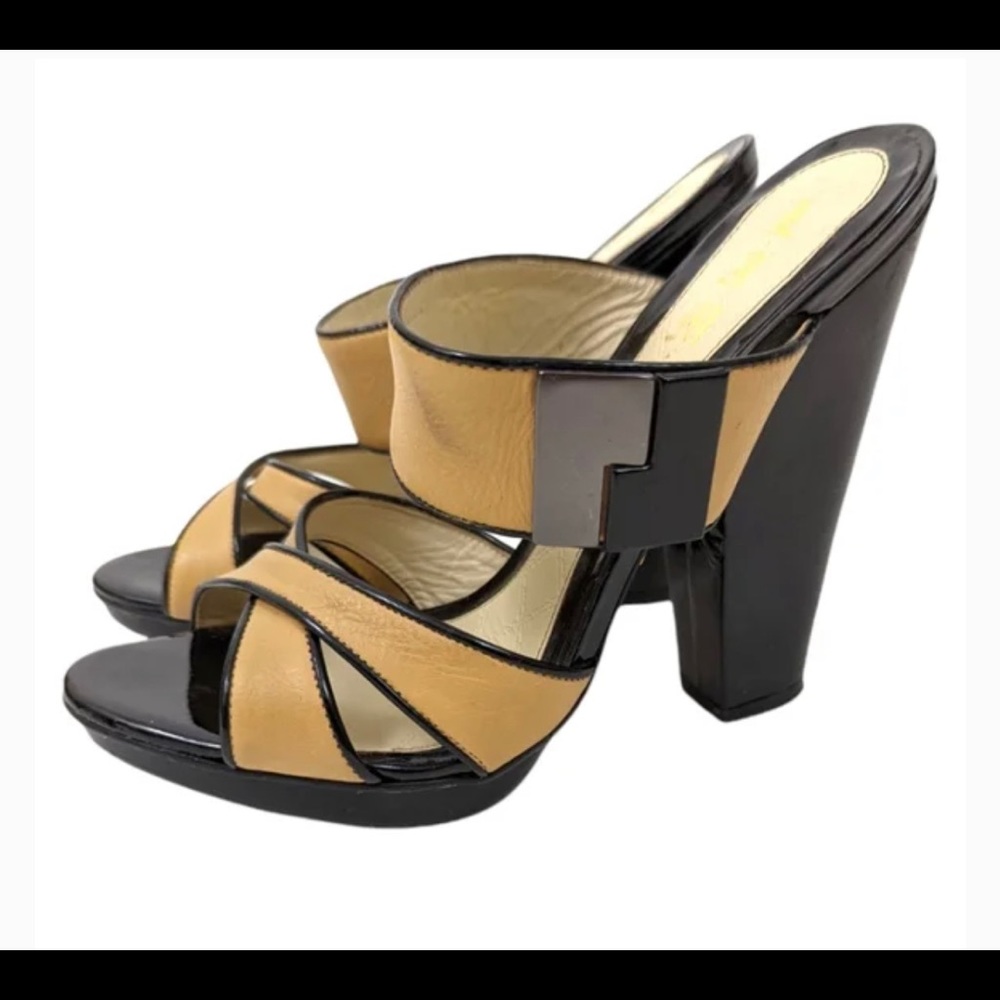 L.A.M.B. Tan & Black Strappy Slip On Heels